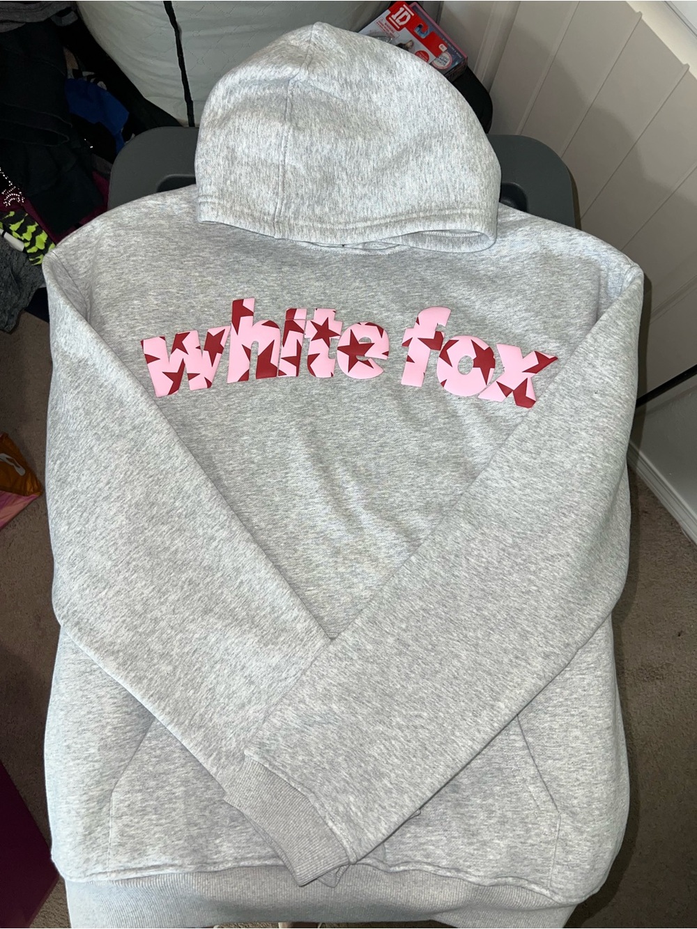 White Fox Boutique  Grey Hoodie with Pink & Red Star Logo